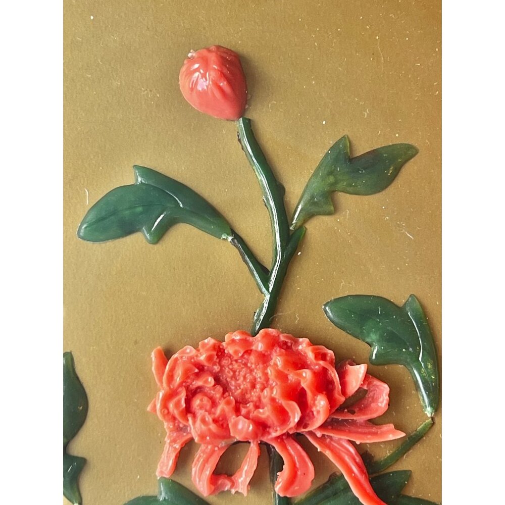 Chinese Carved faux Coral & Faux Jade Wall Art With Vase & Fish Design In Black - Picture 3 of 13